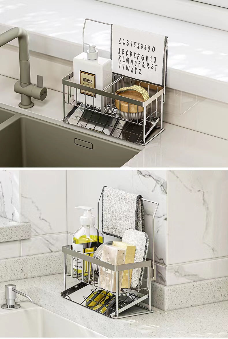 304 Stainless Steel Sponge Holder Sink Cloth Draining Rack Kitchen Supplies Countertop Multifunctional Storage Organizer